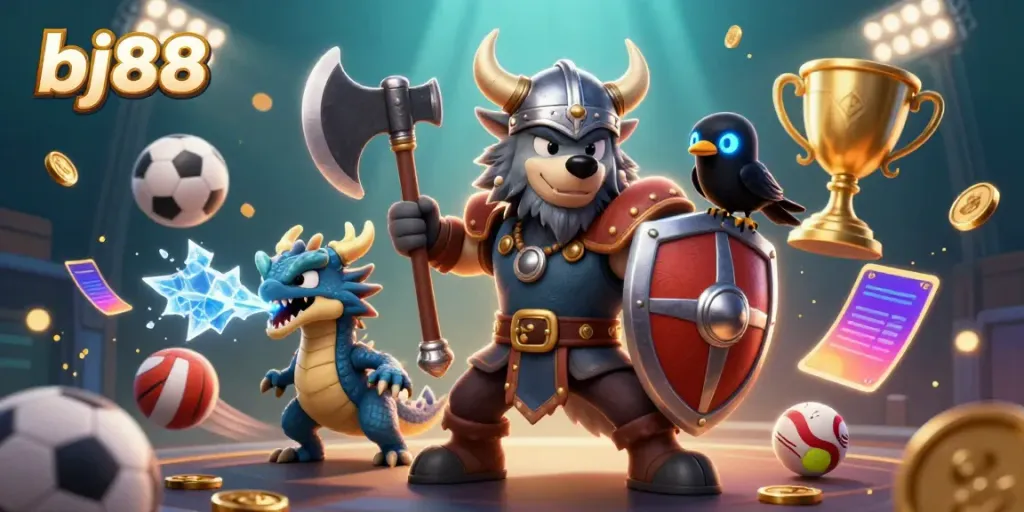 Engage with bj88's thrilling gaming world featuring a Viking wolf warrior, dragon, and dynamic sports elements.