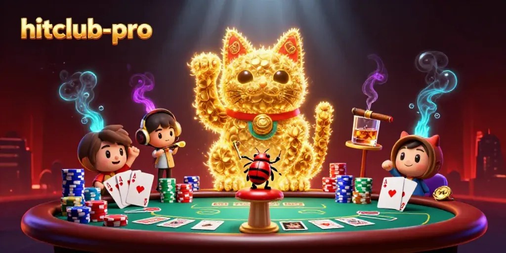 Experience the vibrant gaming scene with hitclub-pro's lucky cat showcasing poker elements.