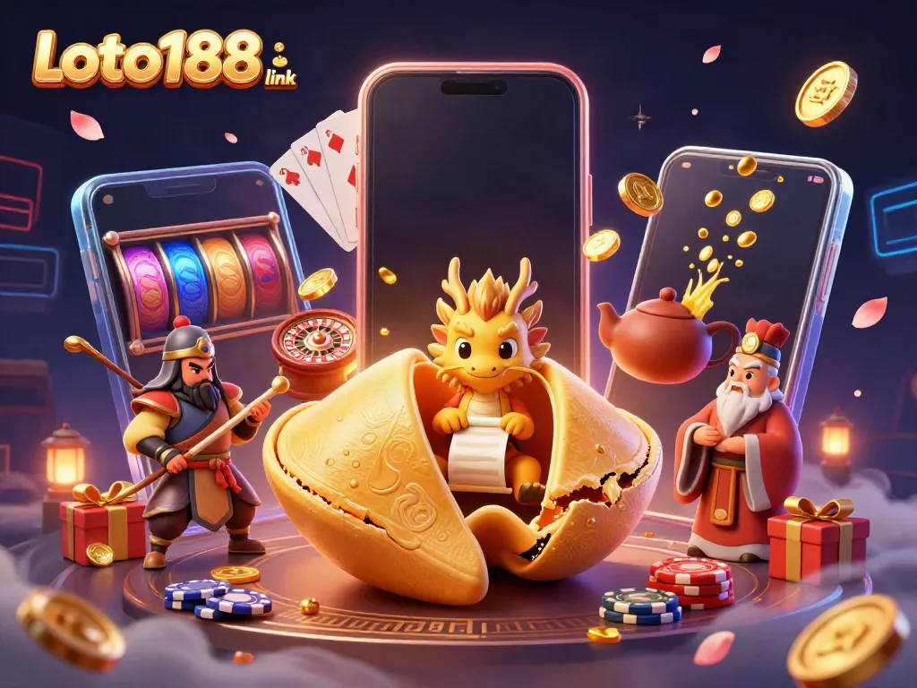 Engage with the Loto188 link through this vibrant casino-themed illustration showcasing a dragon and fortune cookie amidst slot games.