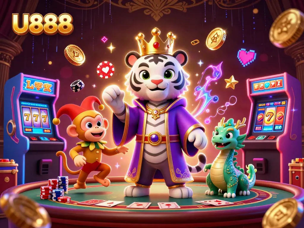 Engage with U888's vibrant casino experience featuring a tiger, monkey, and jade dragon amidst games.