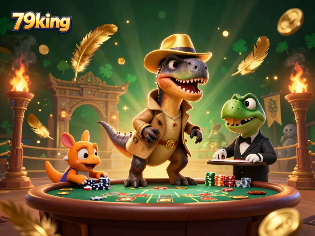 Engaging 79king gaming scene with a card counting velociraptor and curious stegosaurus at a blackjack table.