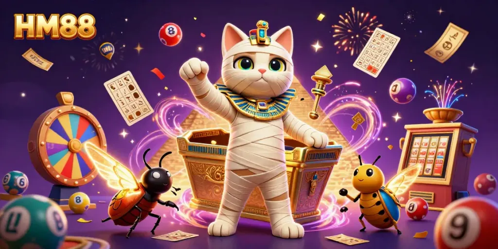 Engaging illustration of HM88 with a 3D cartoon Egyptian mummy cat and golden sarcophagus in a casino.