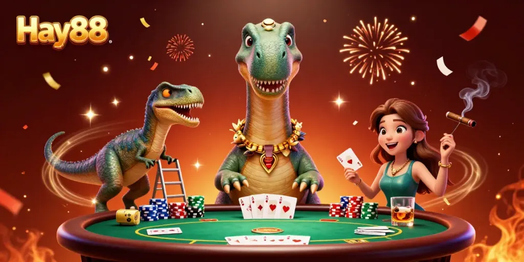 Experience exciting poker action at Hay88 with a towering dinosaur and clever dealer in a vibrant casino setting.