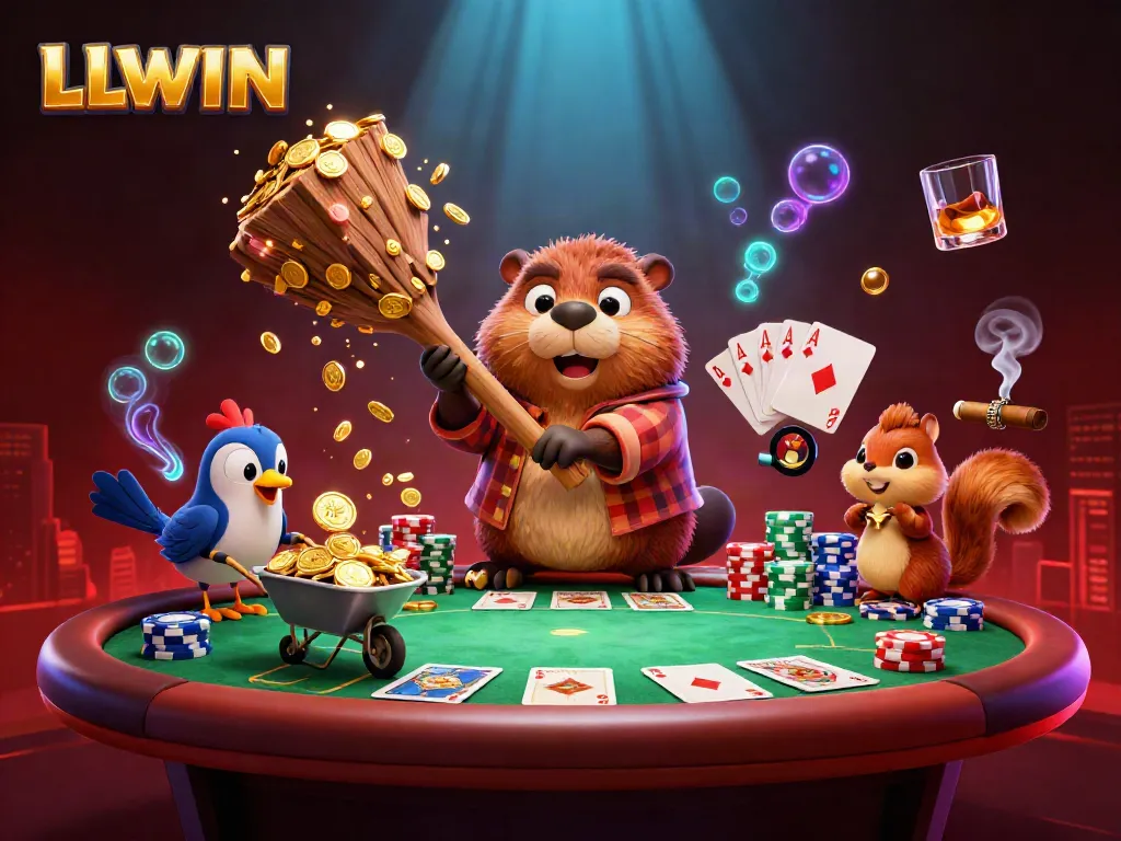 LLWIN: A vibrant 3D illustration of a beaver, bird, and squirrel amidst golden coins, poker elements, and casino excitement.
