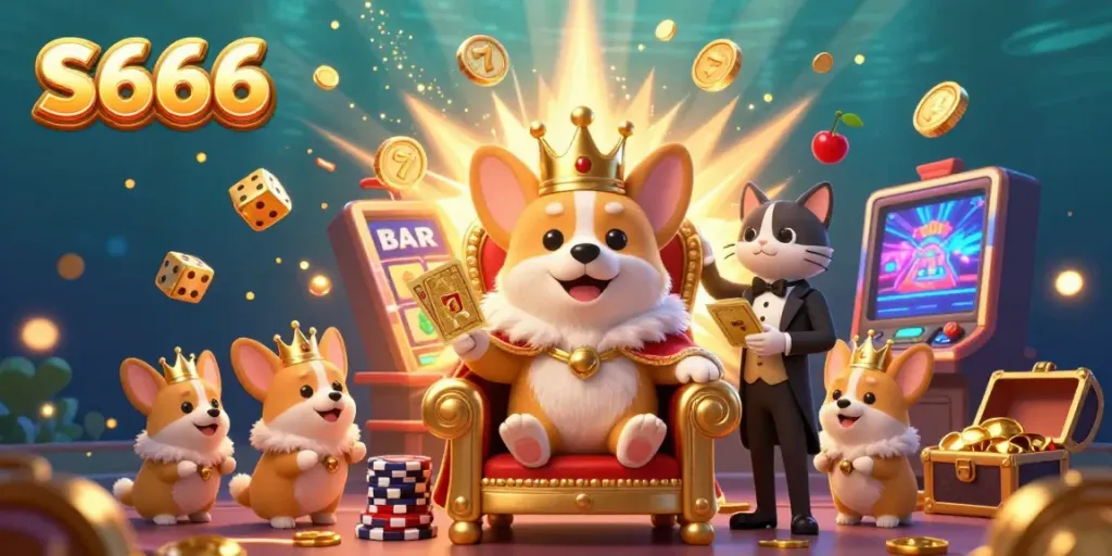 S666 royal corgi celebrates wins with vibrant casino elements and thrilling jackpots.