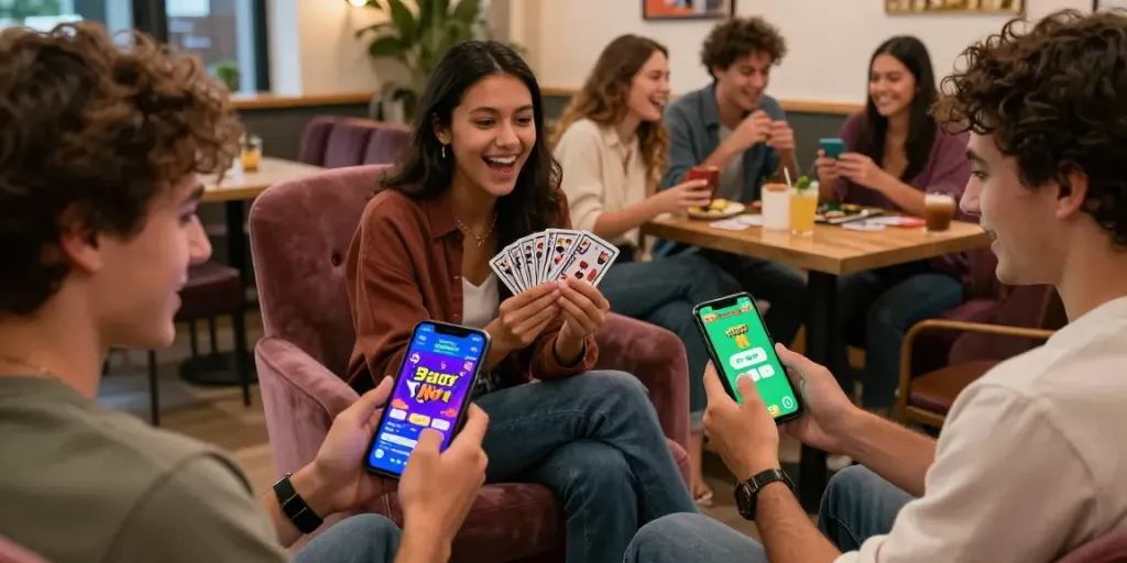 Excited players enjoying the 3 Patti No1 app in a lively café, showcasing vibrant gaming activity.