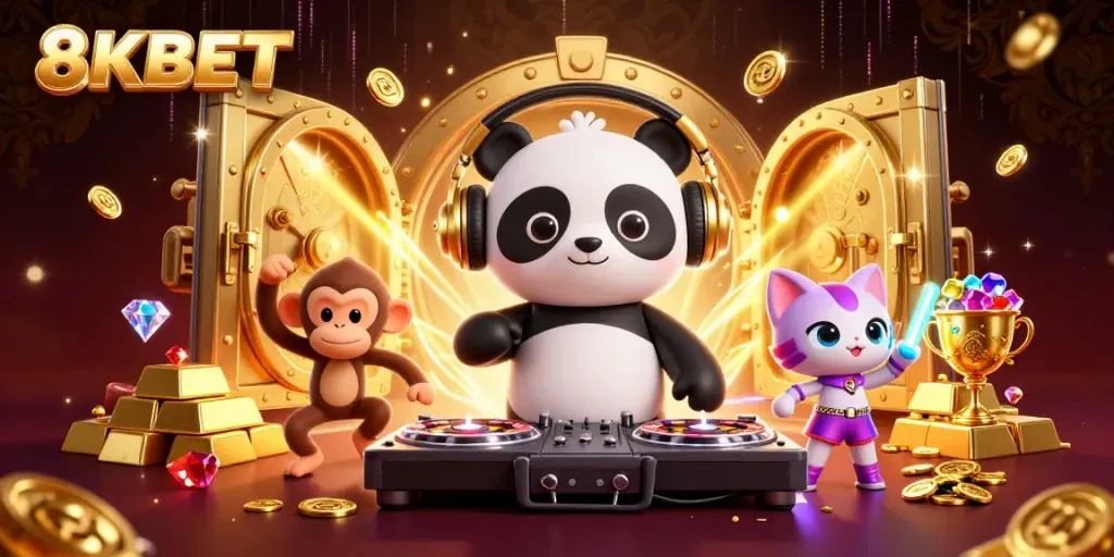 Experience the vibrant world of 8KBET with a DJ panda, breakdancing monkey, and rave kitten in a captivating casino scene.