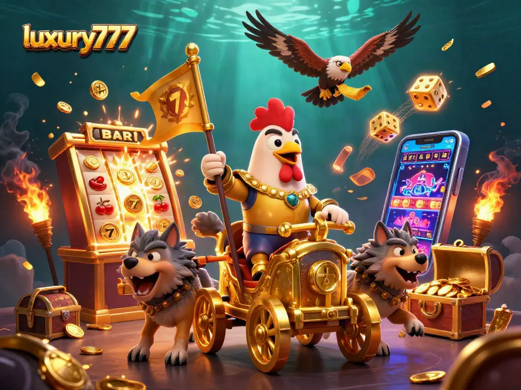 Experience luxury777 with a vibrant scene featuring a golden war chariot and jackpot explosions in a captivating casino setting.