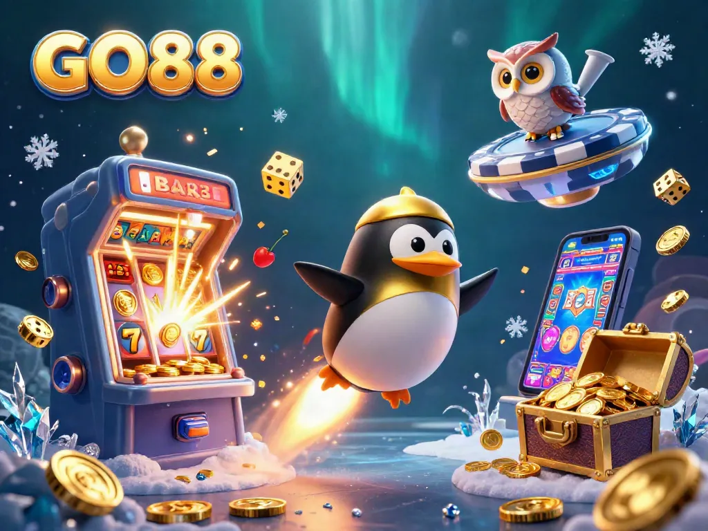 Experience the GO88 adventure with a golden penguin and casino elements in a vibrant 3D scene.