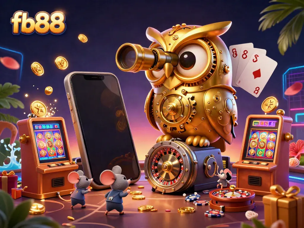 Engage in the vibrant casino scene capturing fb88's thrilling gaming atmosphere with golden owl and lively characters.