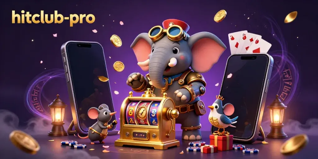 Engage with hitclub-pro through an enchanting illustration of a steampunk elephant operating a vibrant slot machine.