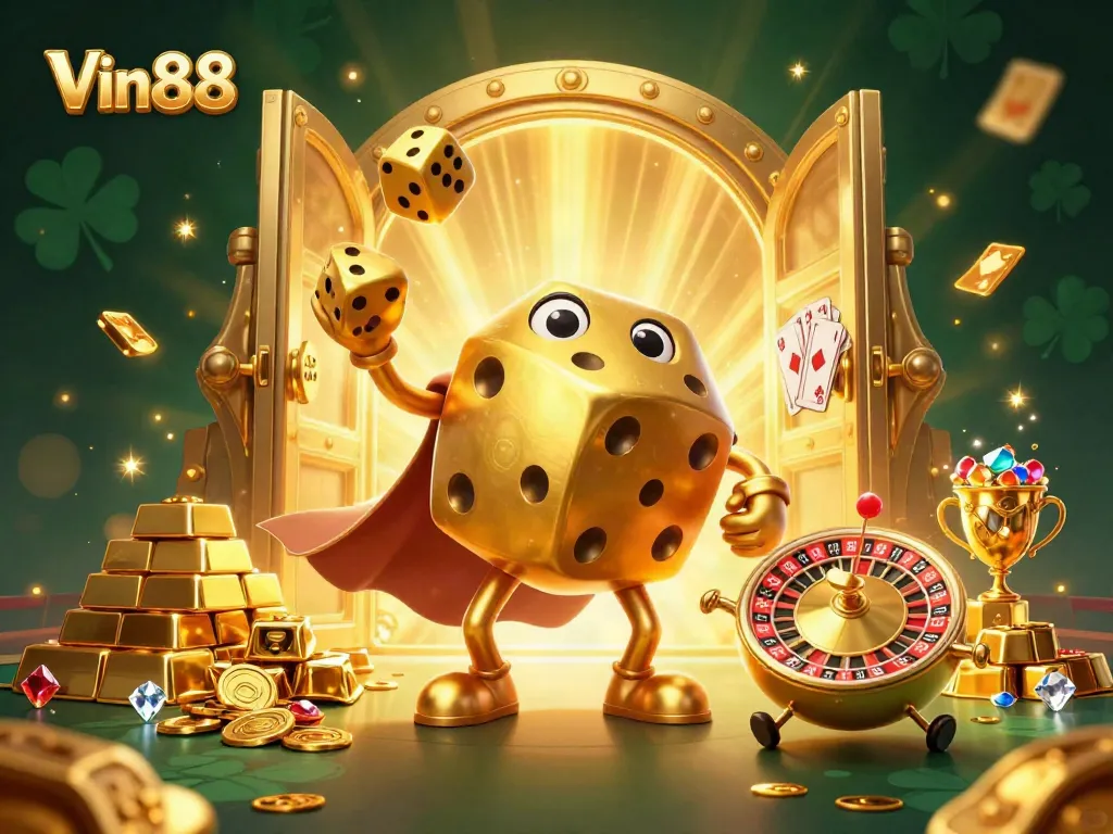 Experience thrilling wins with Vin88 in a vibrant 3D casino scene filled with animated characters and rich treasures.