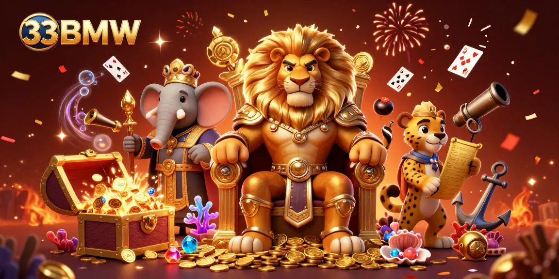 Immerse in 33BMW's vibrant casino adventure with characters amid casino gaming elements.