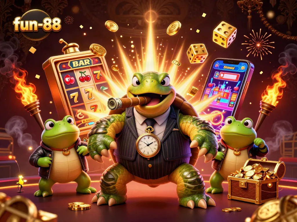 spin the reels with fun-88 in a colorful casino scene featuring a turtle and bullfrogs