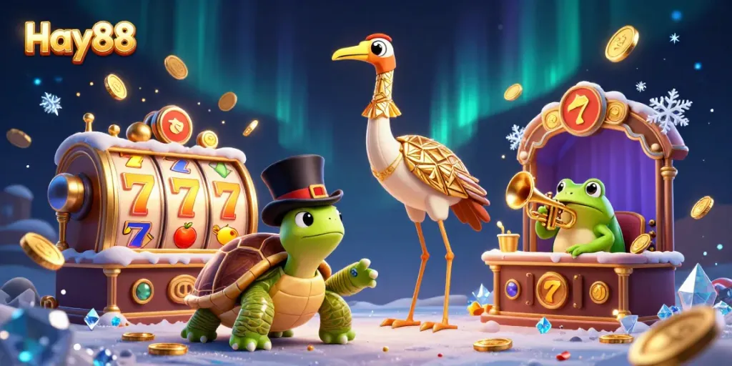 Spin for big payouts with Hay88: an enticing 3D casino scene with vibrant slot symbols and characters!