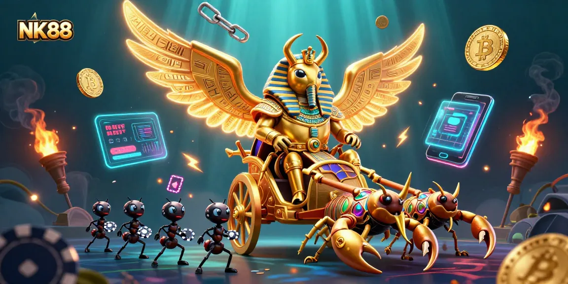 Experience NK88's thrilling casino adventure with 3D golden beetles and poker chip ant soldiers.