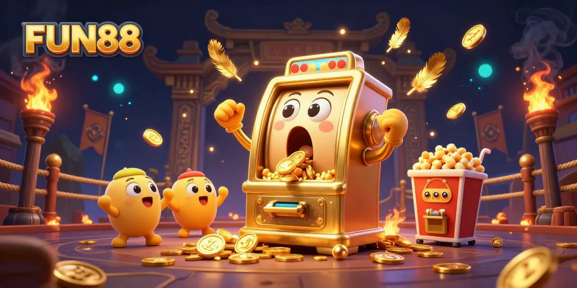 Experience FUN88 as a golden slot machine hits the jackpot amidst lively casino elements.