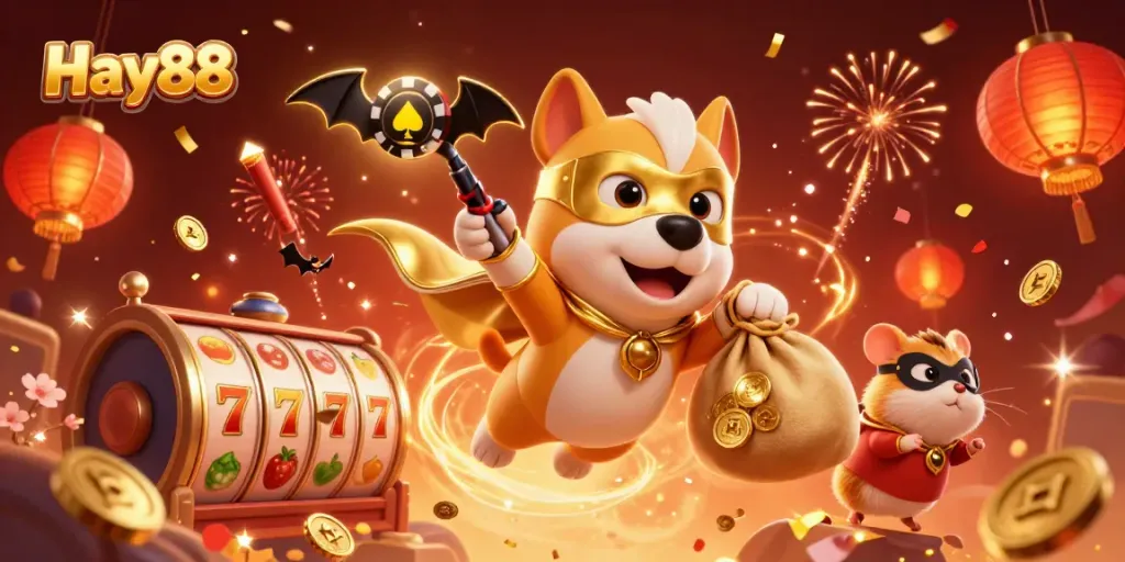 Experience thrilling gameplay with Hay88, where a superhero dog and his hamster sidekick soar through a vibrant casino scene filled with jackpots and festive symbols.
