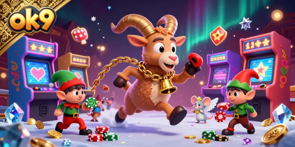 Spin roulette and enjoy fun at the ok9 casino with festive characters in a vibrant gaming scene.