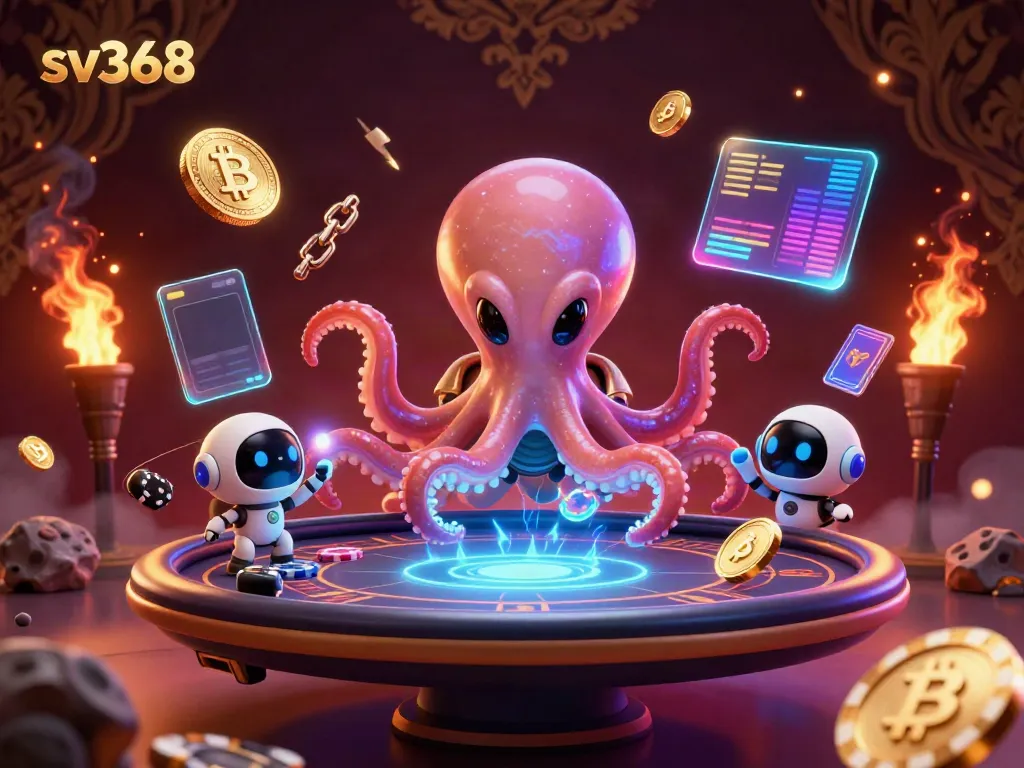 Engage with sv368's cosmic poker experience, featuring alien characters and floating gaming elements.