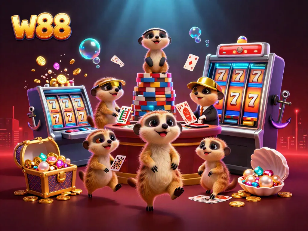 Experience thrilling gameplay at W88 with meerkats operating a lively casino scene, showcasing dynamic gaming elements.