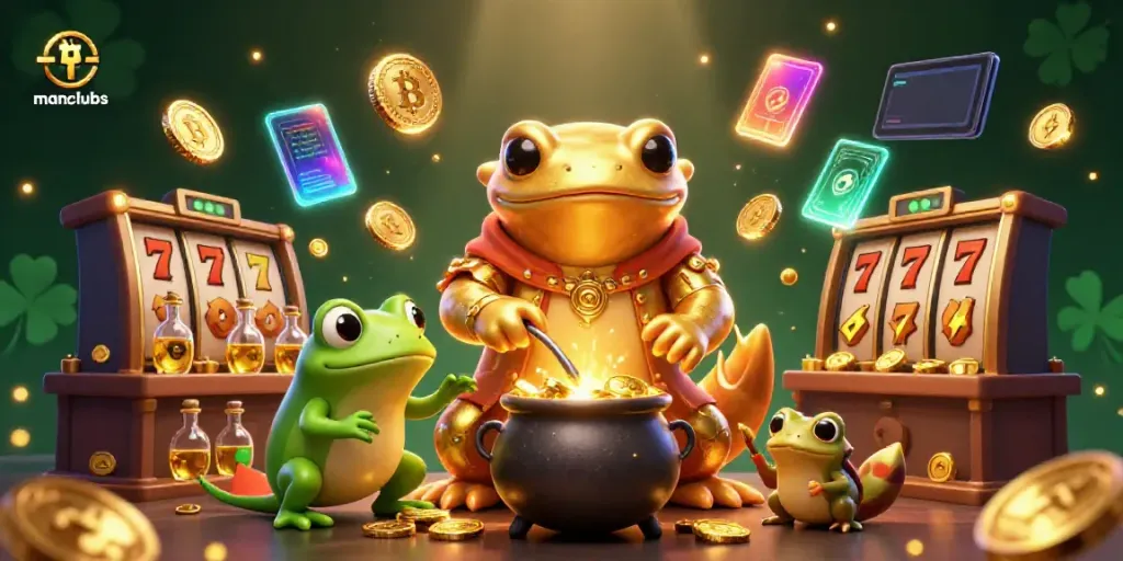 Experience manclubs in a rich casino scene with golden alchemists and crypto elements.