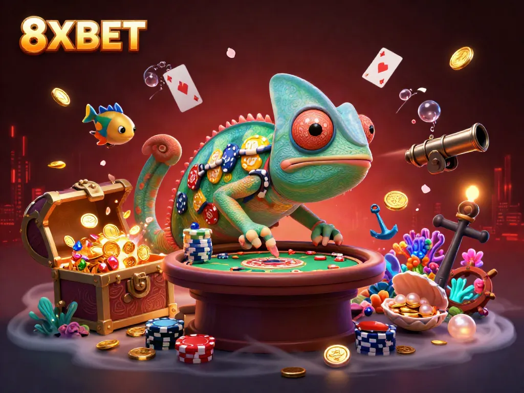 Play and win big at 8XBET with a vibrant casino scene showcasing a chameleon owner and numerous thrilling game elements.