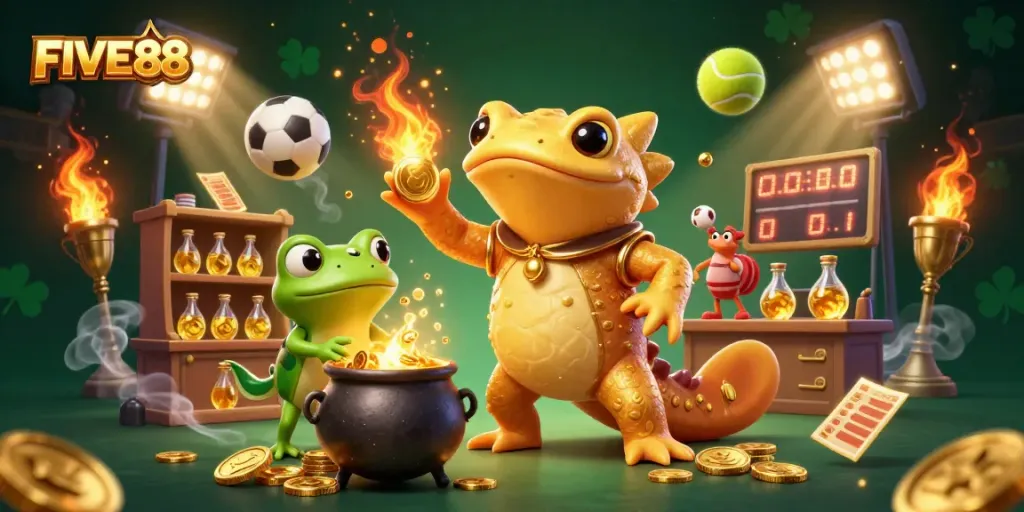 Experience winning moments at FIVE88 with a dynamic casino scene filled with excitement and golden rewards.