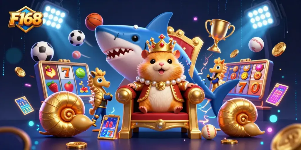 F168 unleashes thrilling casino adventures with a fierce golden hamster king on a megalodon throne.