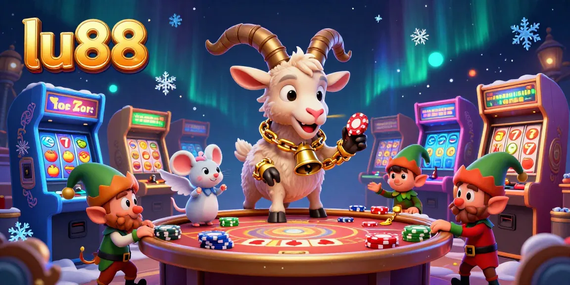 Elevate your gambling experience at lu88, with a festive casino scene featuring fun characters and colorful slot games.
