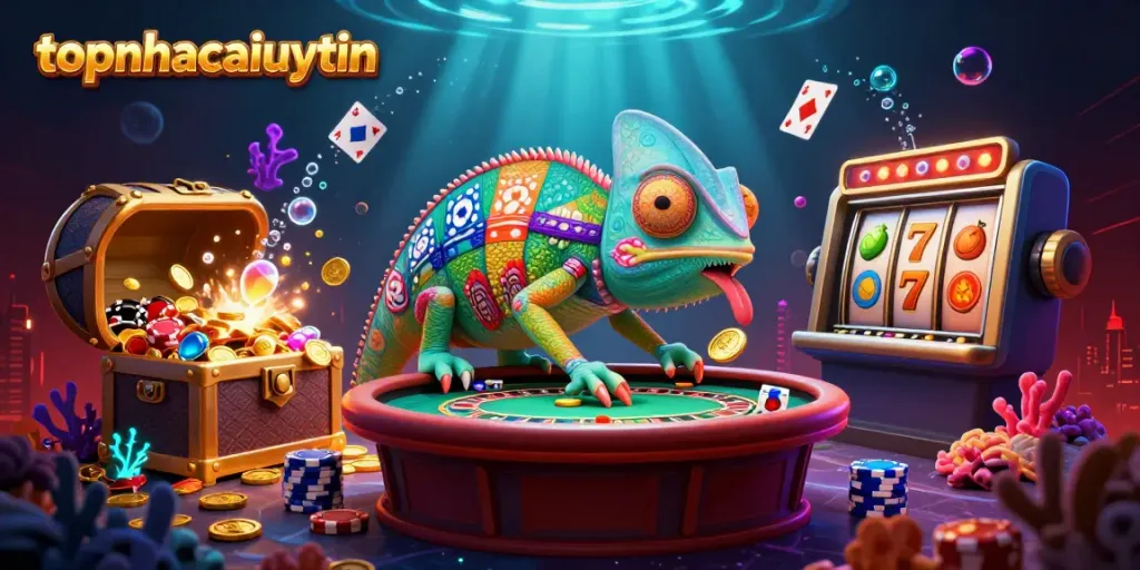 Experience thrilling gameplay with topnhacaiuytin casino featuring an animated chameleon waving gold coins.