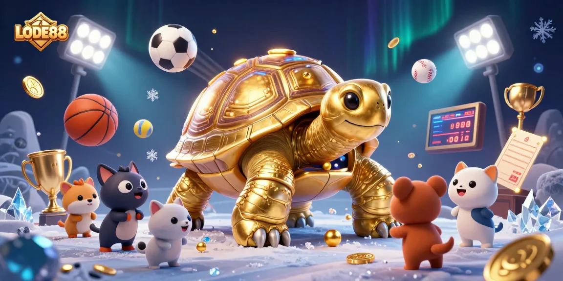 Engage with LODE88 through this vibrant 3D cartoon illustration featuring a unique tortoise pinball machine.