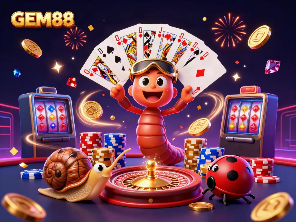 GEM88 showcases a vibrant casino scene with a 3D millipede dealer, snail high-roller, and pill bug, encapsulating excitement.