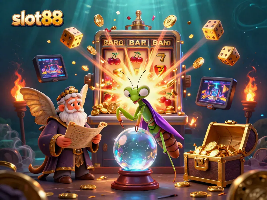 Experience the vibrant energy of slot88 amidst mystical fortune tellers and dazzling casino elements.