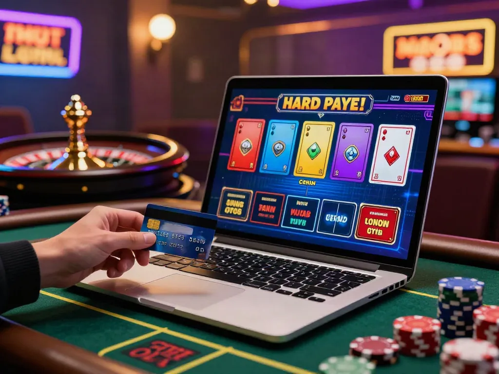 credit card online casinos with a laptop, vibrant gaming environment, exciting atmosphere