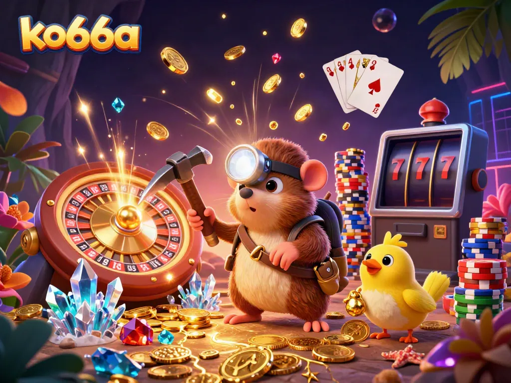 Experience excitement with ko66a's vibrant treasure hunt scene, featuring golden coins and gems.