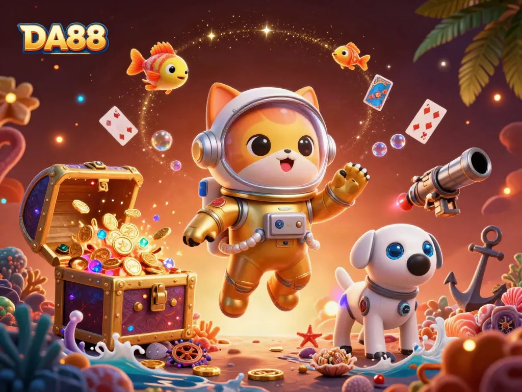 Engage in thrilling gameplay at DA88 with vibrant treasures, a heroic cat, and a robot dog.