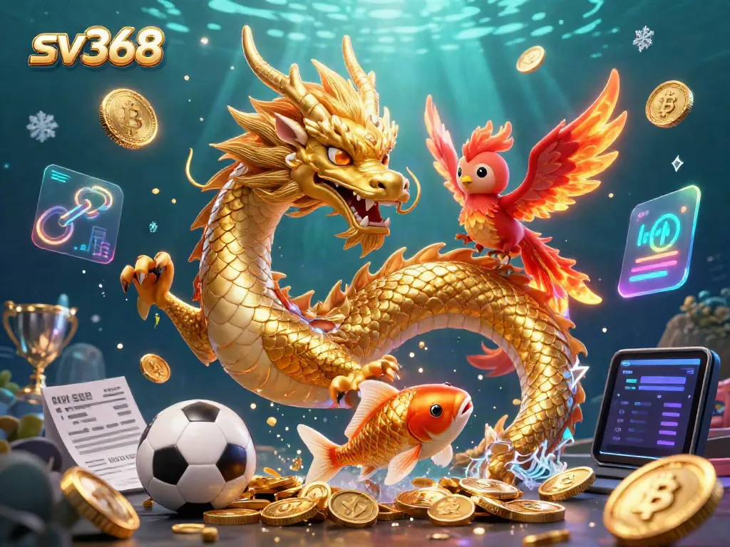 Bet on sv368's thrilling sports betting experience with an engaging visual of a dragon, phoenix, and koi fish.
