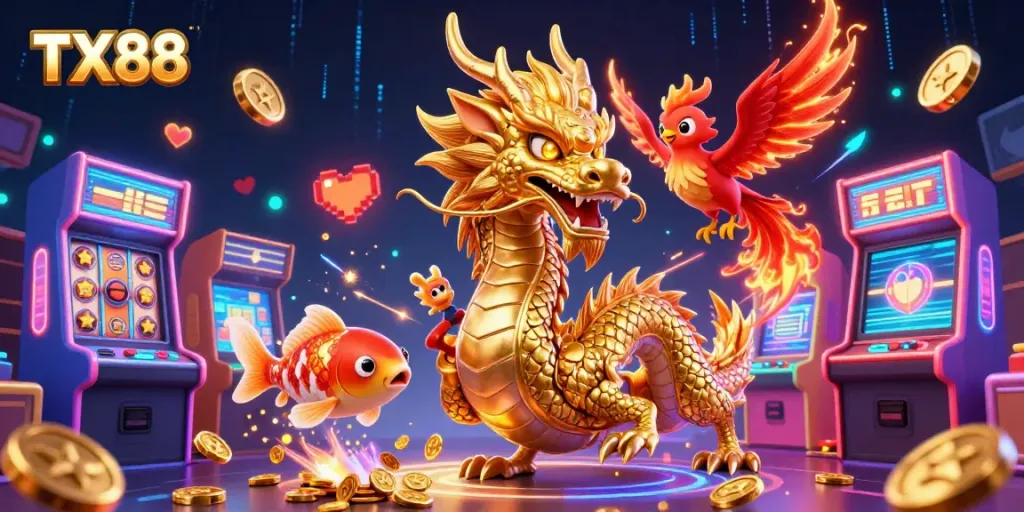 Engage with exciting gaming adventures at TX88 featuring a dragon, phoenix, and koi fish.