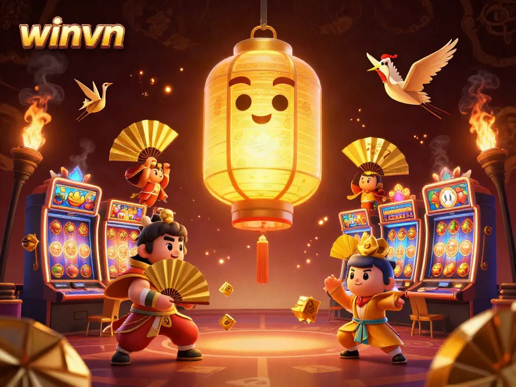 Experience the vibrant casino thrills at winvn with a golden lantern spirit, lively slot machines, and golden cranes.
