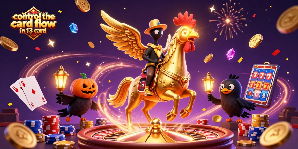 Control the card flow in 13 card strategy illustrated with golden rooster riding a spectral horse in a vibrant casino scene.