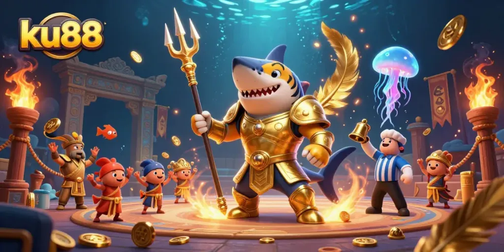 Experience epic gambling with ku88, a fierce shark gladiator in an underwater colosseum.