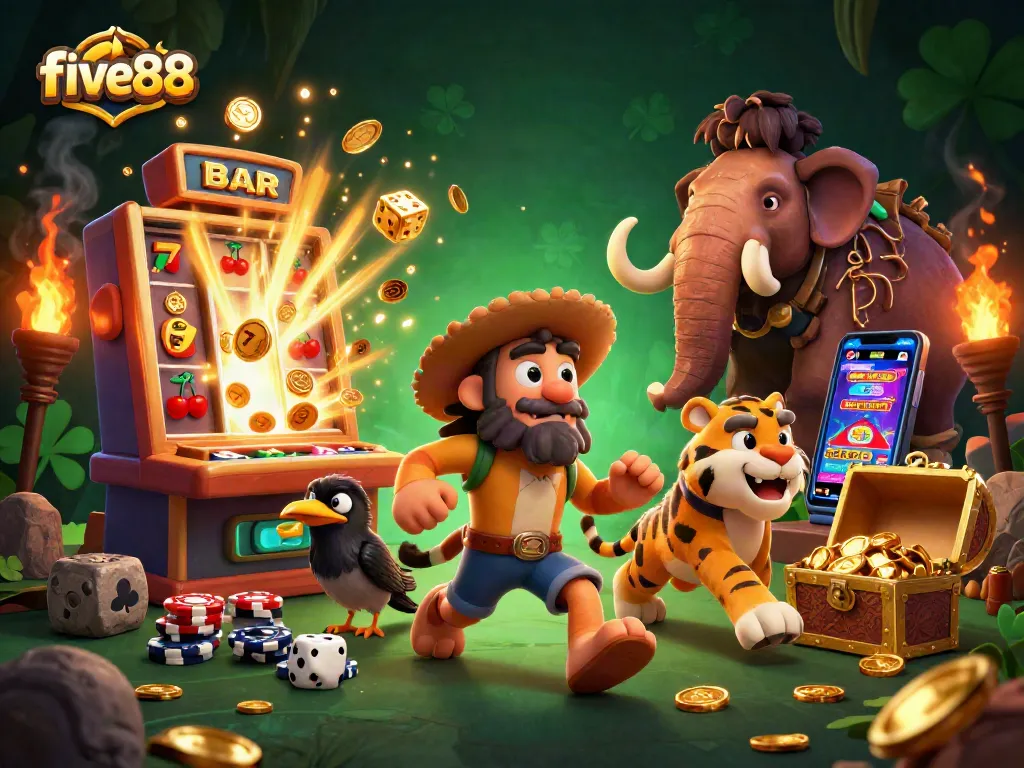 Experience thrilling wins with five88 in this vibrant casino-themed 3D illustration.