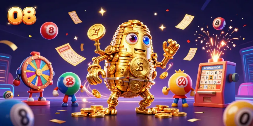 Experience the excitement at O8 casino with a golden golem and vibrant game elements.