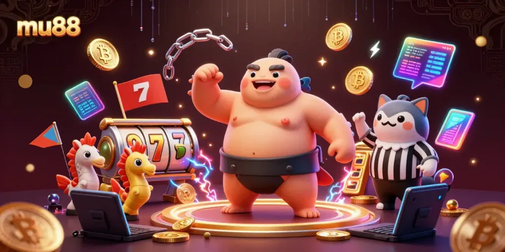 Experience immersive gambling fun with mu88 as a cartoon fugu celebrates in an underwater casino scene.