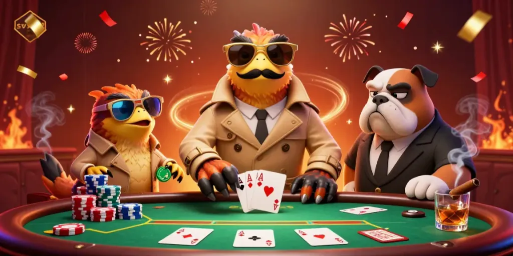 Experience the excitement of sv368 with raptors disguised as a VIP at a casino, surrounded by vibrant poker elements.