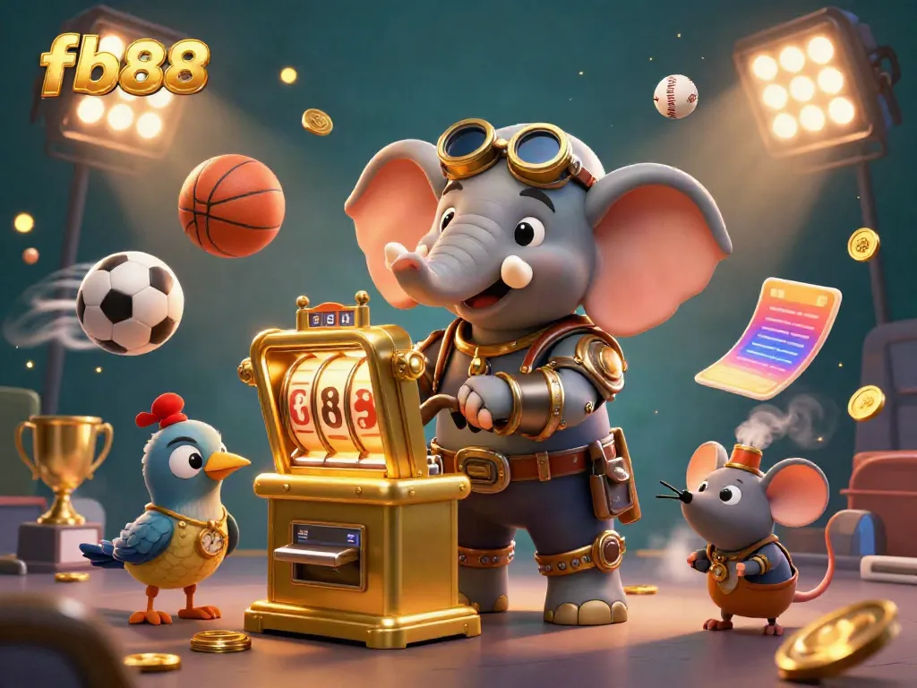 Experience thrilling gameplay at fb88 with a steampunk elephant operating a golden slot machine amidst dynamic sports elements.