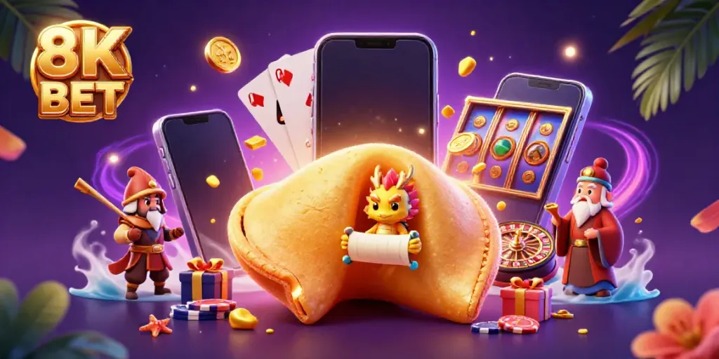 Experience excitement with 8K BET featuring a golden fortune cookie and dynamic casino elements in a rich 3D illustration.