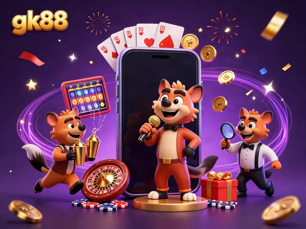 Hyenas entertain in a comedy casino club, showcasing gk88 in a vibrant, festive casino scene.