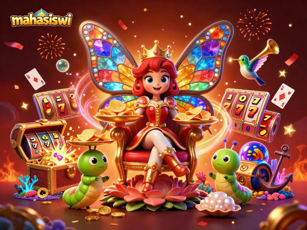Engage with mahasiswi-themed slots featuring a butterfly queen amidst vibrant casino elements.